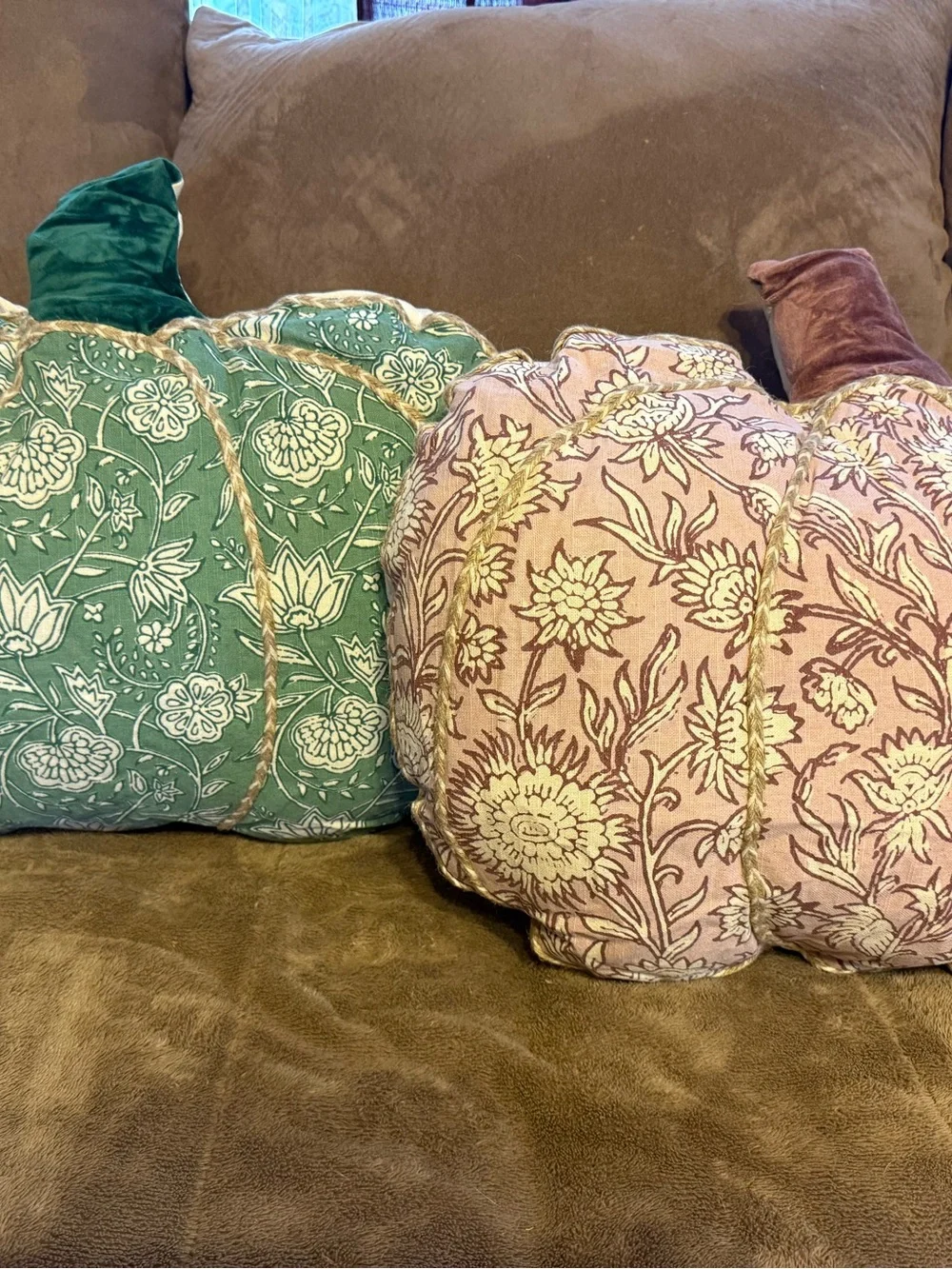 Harvest Home Floral Pumpkin Throw Pillows - Green & burgundy 19”x23”